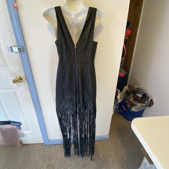 Y2K Black Faux Leather Maxi Dress Sleeves Whimsigoth Witch Cut Out Fringe XS - Picture 10 of 11